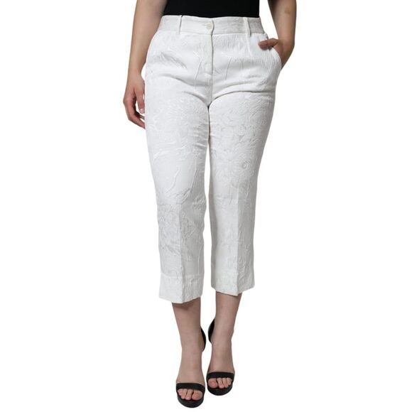 Dolce & Gabbana White Floral Brocade Cotton Cropped Women's Pants